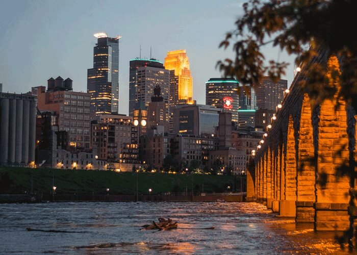 Minneapolis skyline and Stone Arch Bridge